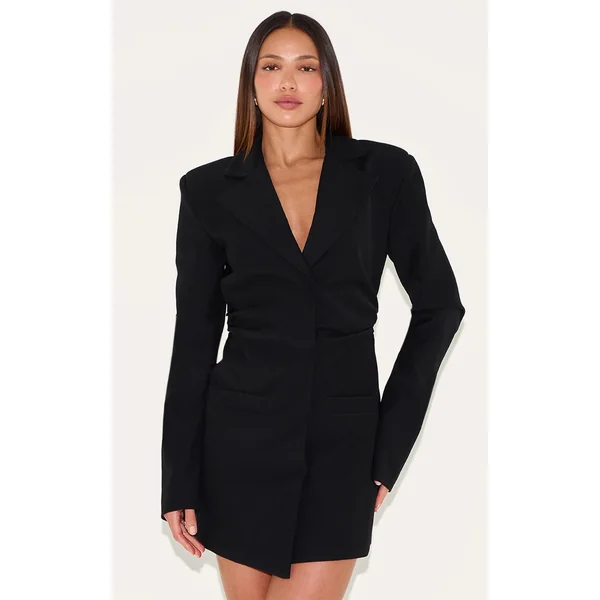 Tall Black Cinched Waist Detail Ruched Blazer Dress