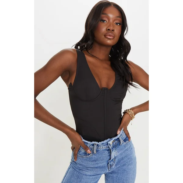 Tall Black Corset Detail Woven Bodysuit