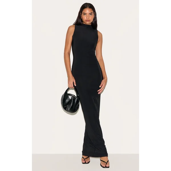 Tall Black Double Layer High Neck Sleeveless Maxi Dress