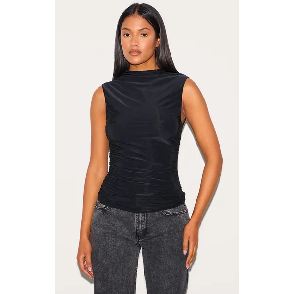 Tall Black Double Layer Slinky Ruched Long Top
