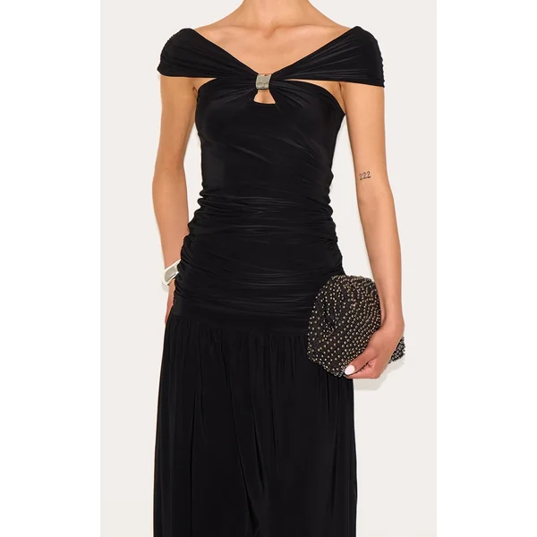 Tall Black Double Layer Slinky Trim Detail Bardot Long Top