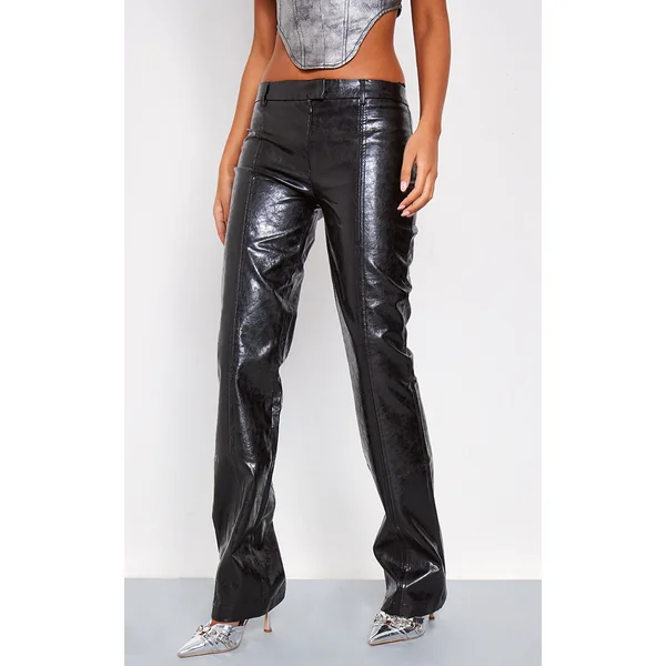 Tall Black Faux Leather Low Rise Textured Straight Leg Pants