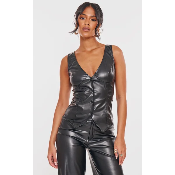 Tall Black Faux Leather Plunge Vest
