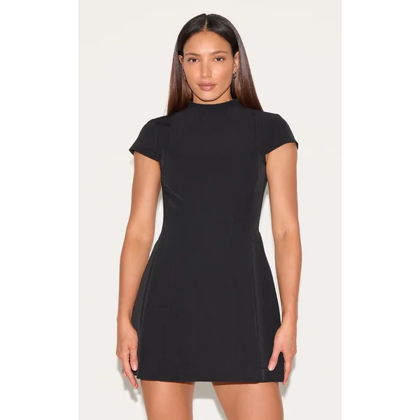 Tall Black High Neck Cinched Mini Dress