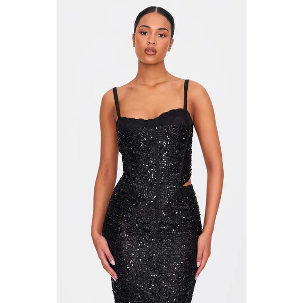 Tall Black Lace Bust Detail Sequin Corset Top