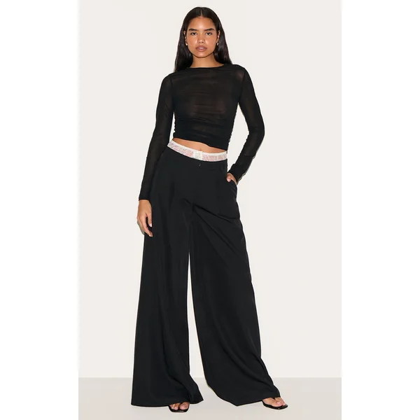 Tall Black Lace Detail Tailored Wide Leg Pants