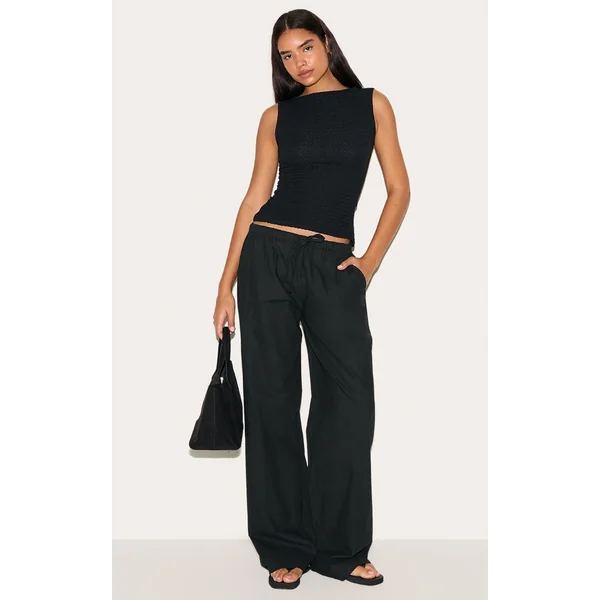 Tall Black Linen Drawstring Waist Pants