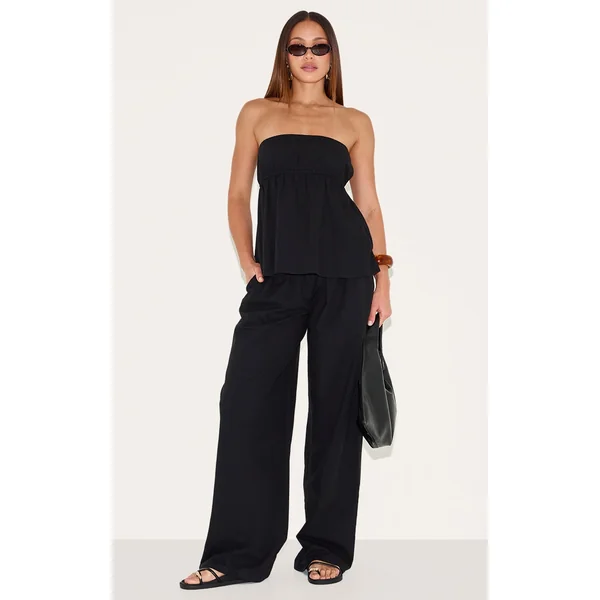 Tall Black Linen Look Floaty Wide Leg Pants