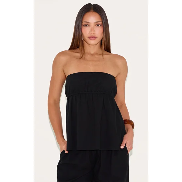 Tall Black Linen Look Peplum Bandeau Top