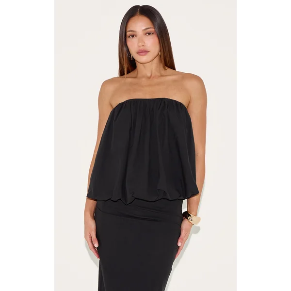 Tall Black Linen Look Ruched Bandeau Top