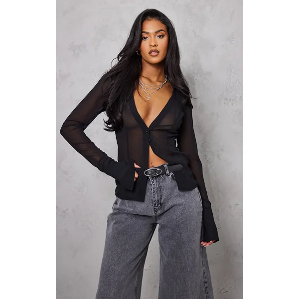Tall Black Mesh Button Front Blouse