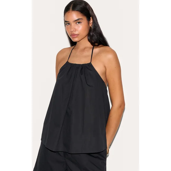Tall Black Poplin Low Back Halterneck Top