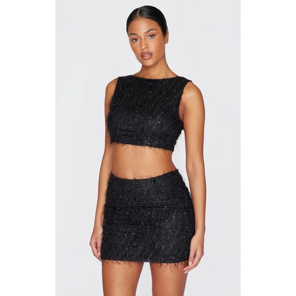 Tall Black Sequin Detail Open Back Crop Top