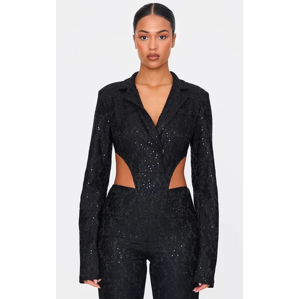 Tall Black Sequin Lace Bodysuit Blazer Jacket