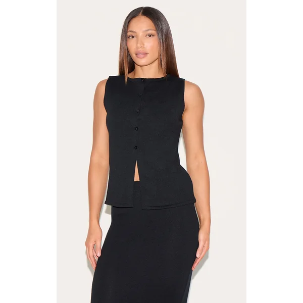 Tall Black Sleeveless Button Up Knitted Vest