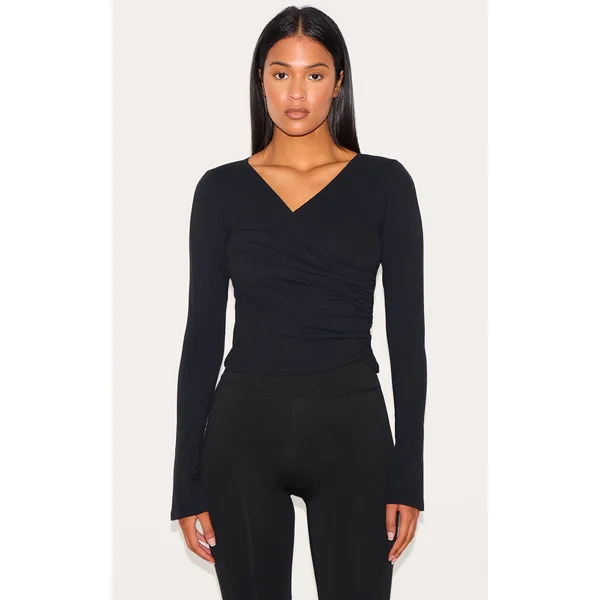 Tall Black Snatched Sculpt Asymmetric Long Sleeve Top