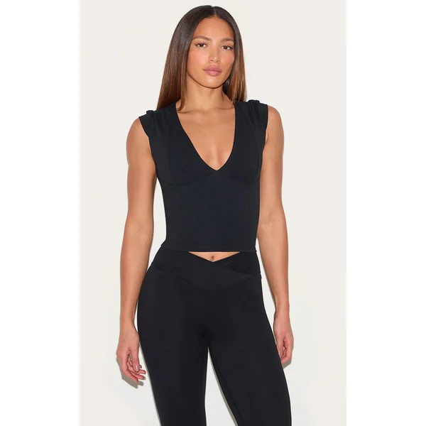 Tall Black Snatched Sculpt V Neck Crop Top