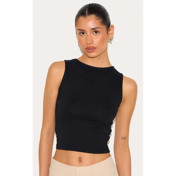 Tall Black Soft Cotton Boat Neck Sleeveless Top