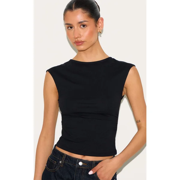 Tall Black Soft Cotton Ruched Side Sleeveless Top