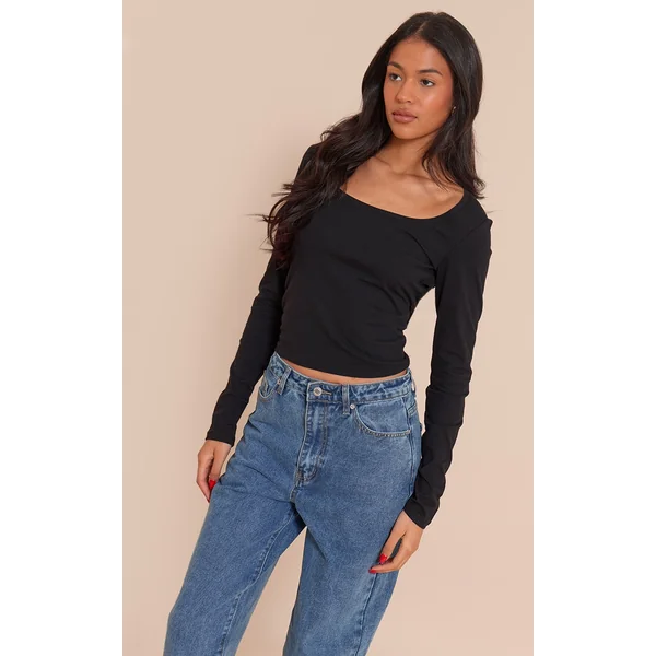 Tall Black Soft Cotton Scoop Neck Long Sleeve Fitted Top