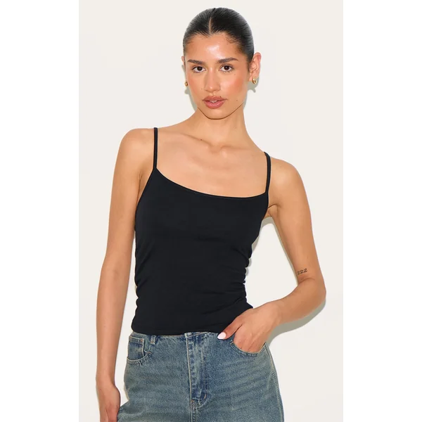 Tall Black Soft Cotton Strappy Vest Top