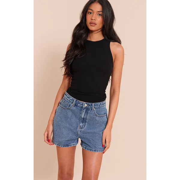 Tall Black Soft Rib Racer Neck Vest Top