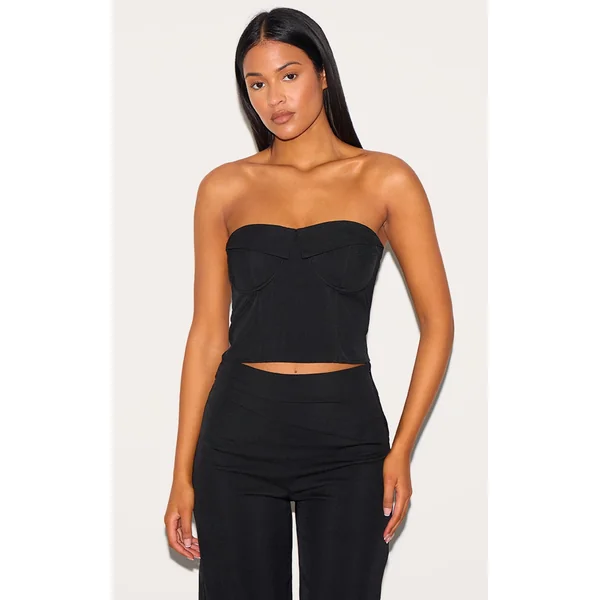 Tall Black Tailored Fold Over Detail Corset Top