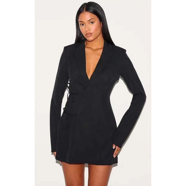 Tall Black Tie Front Detail Cinched Blazer Dress