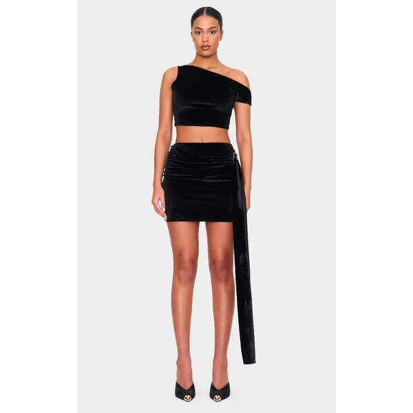 Tall Black Velvet Buckle Detail Mini Skirt