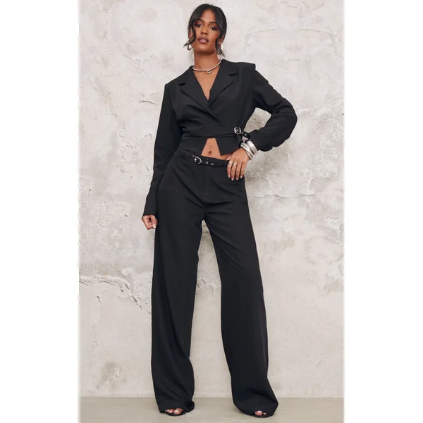 Tall Black Woven Buckle Detail Wide Leg Pants