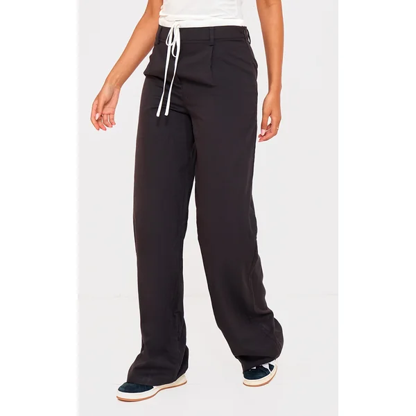Tall Black Woven Double Waistband Tailored Pants