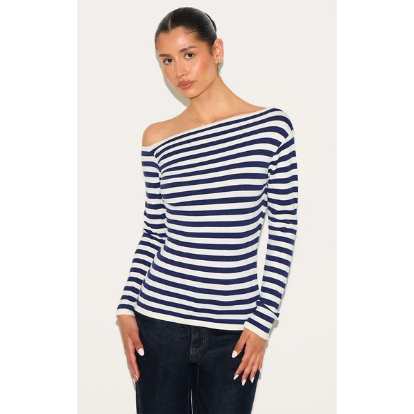 Tall Blue Asymmetric Stripe Knitted Top