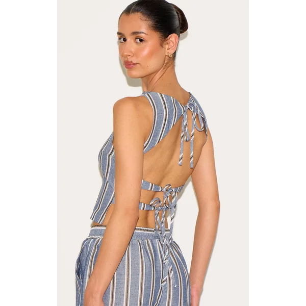 Tall Blue Linen Look Striped Open Back Sleeveless Top