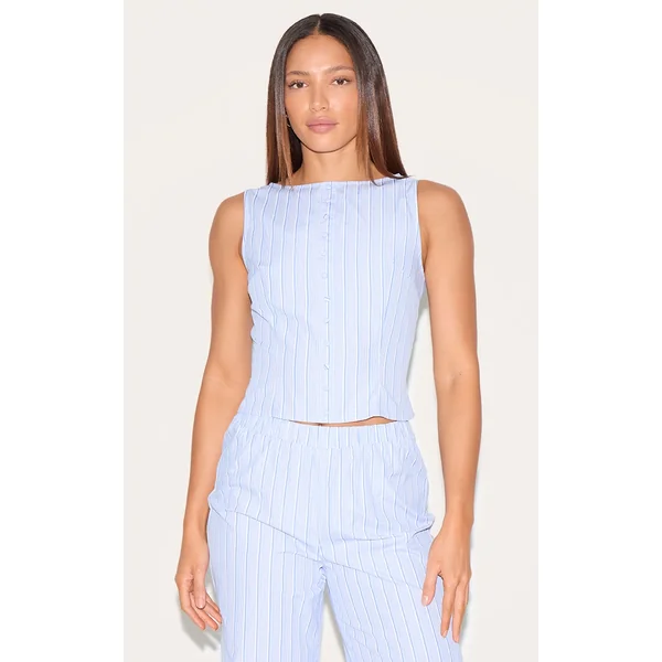Tall Blue Pinstripe Button Detail Top