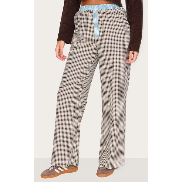 Tall Brown Contrast Detail Check Wide Leg Pants