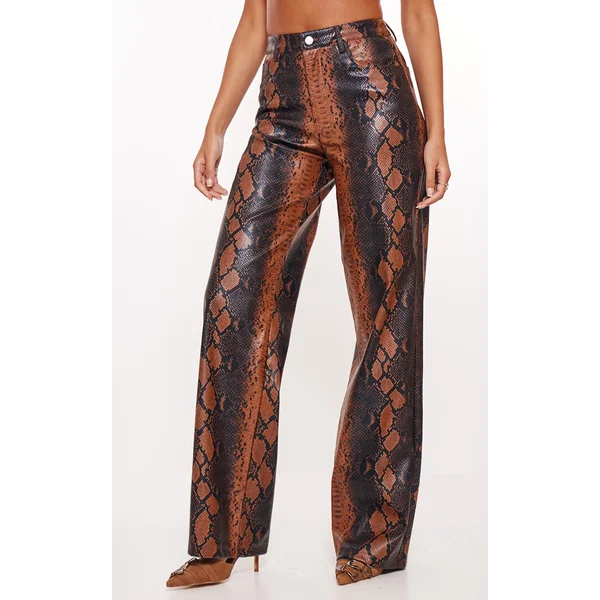 Tall Brown Faux Leather Snake Print Wide Leg Pants