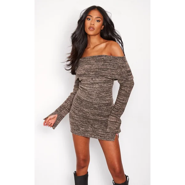 Tall Brown Knitted Bardot Long Sleeve Top