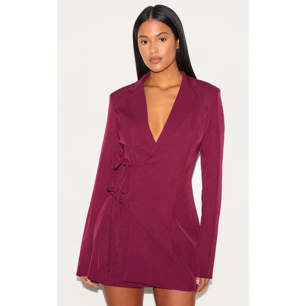 Tall Burgundy Tie Front Detail Cinched Blazer Dress