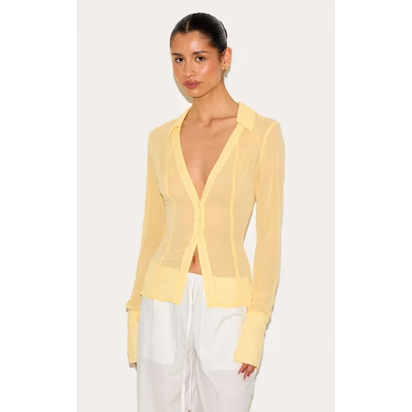 Tall Butter Cream Mesh Button Front Blouse