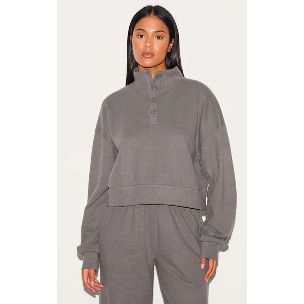 Tall Charcoal Brushed Button Up Sweatshirt