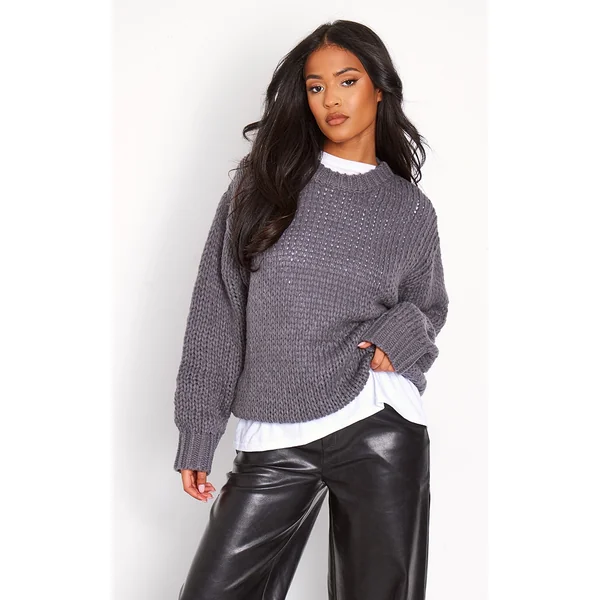 Tall Charcoal Chunky Knit Crew Neck Sweater