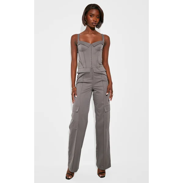 Tall Charcoal Corset Detailed Wide Leg Jumpsuit
