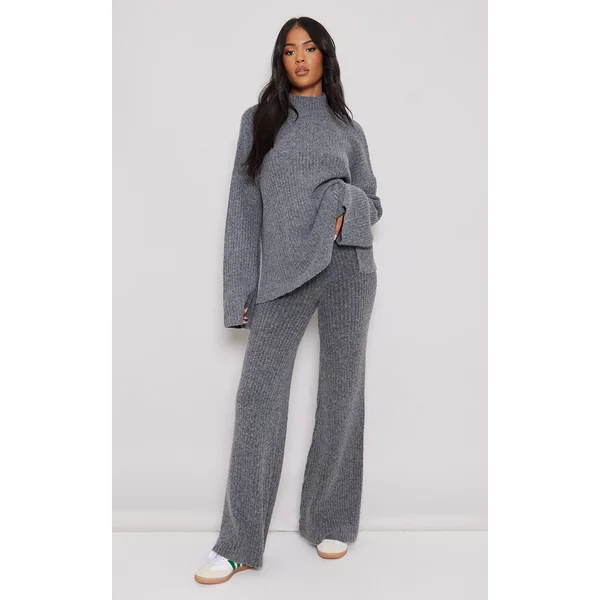 Tall Charcoal Luxe Rib Knit Wide Leg Pants