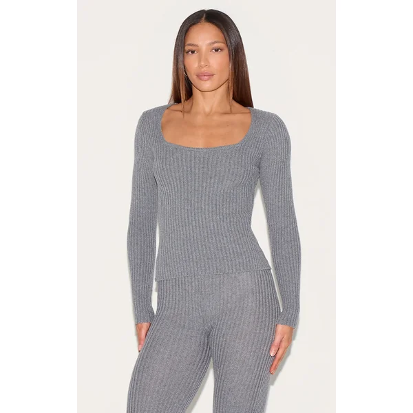 Tall Charcoal Rib Knit Square Neck Long Sleeve Top