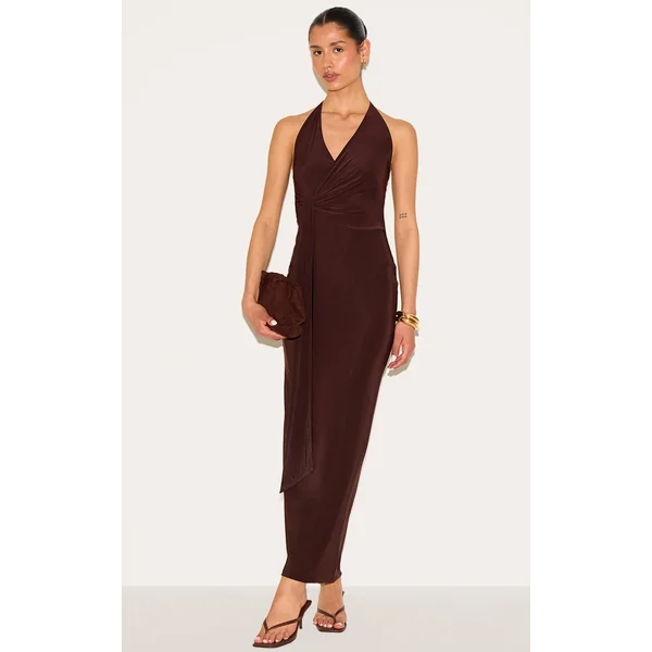 Tall Chocolate Double Layered V Neck Wrap Maxi Dress