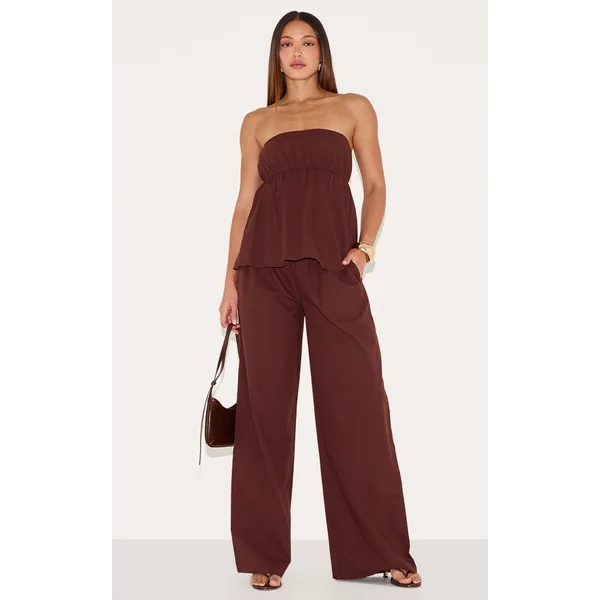 Tall Chocolate Linen Look Floaty Wide Leg Pants