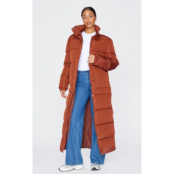 Tall Chocolate Maxi Contrast Hooded Puffer