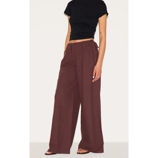 Tall Chocolate Premium Linen Look Side Tie Detail Wide Leg Pants