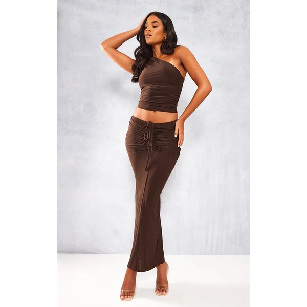 Tall Chocolate Slinky Ruched Detail Midaxi Skirt