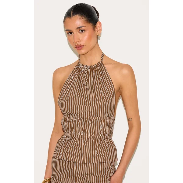 Tall Chocolate Stripe Woven Ruched Backless Long Top